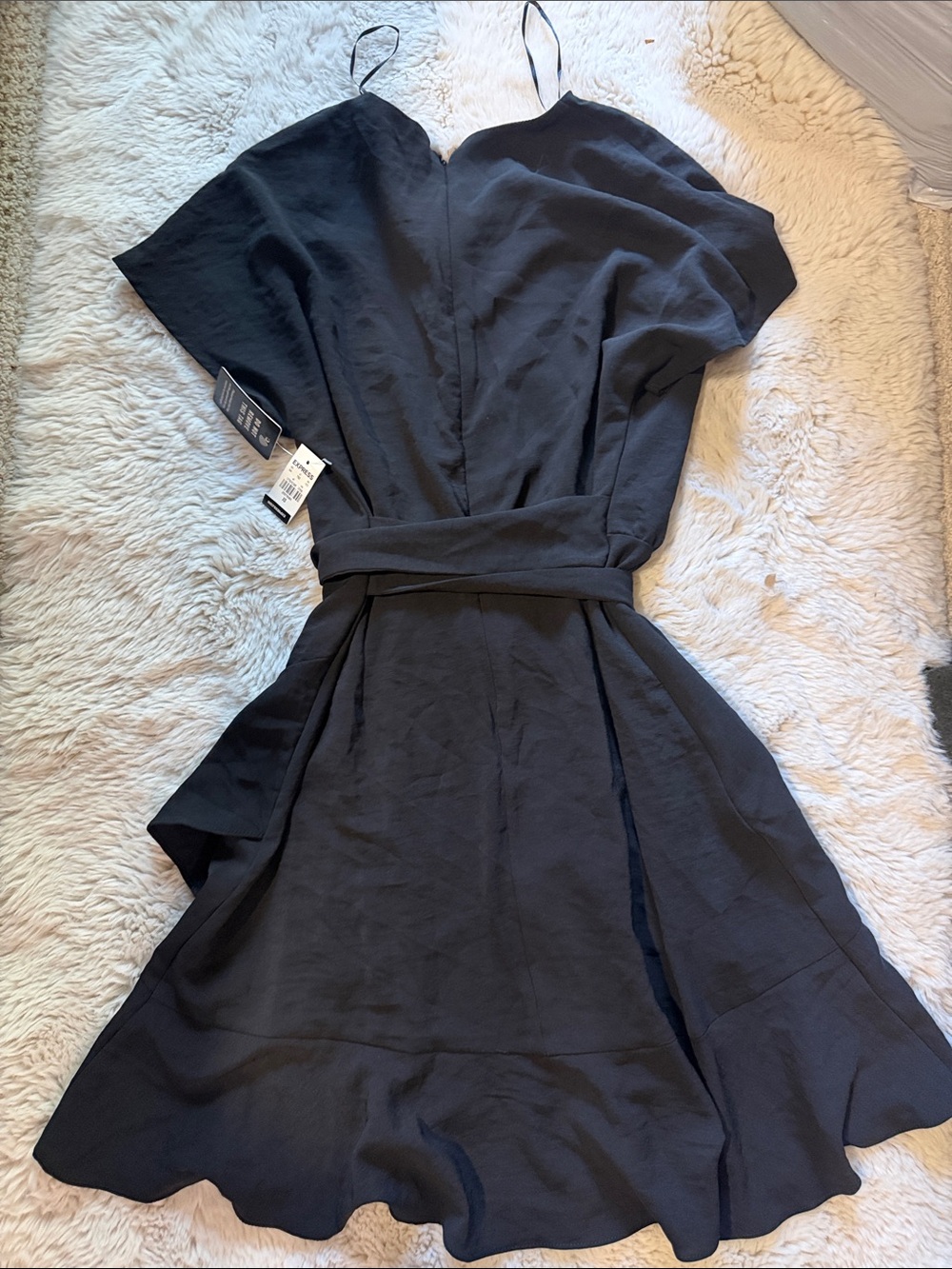 Express Black Wrap Ruffle Tie-Front Mini Dress - Picture 2 of 3